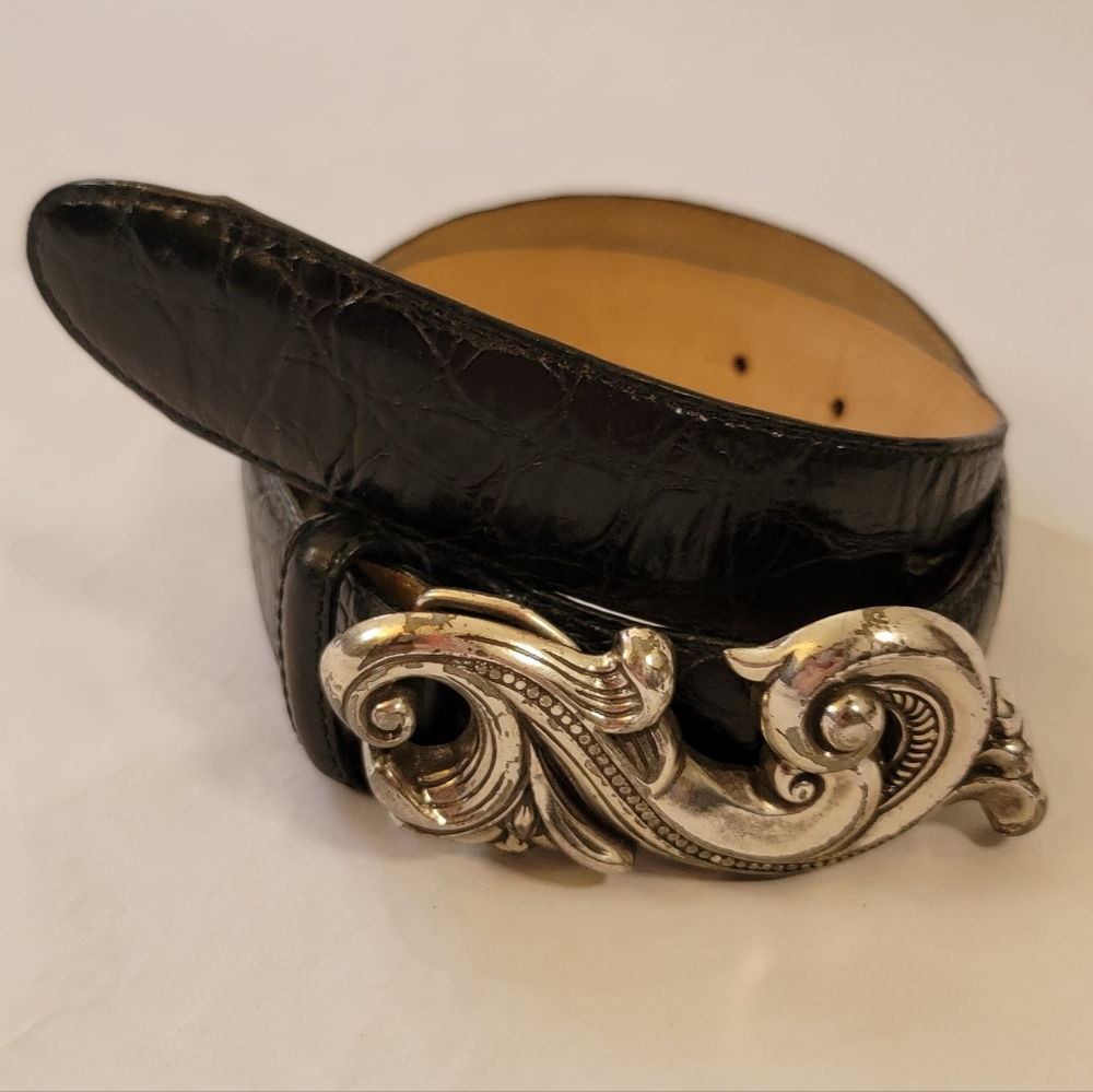 Vtg Brighton Belt Silver Buckle Black Croc Leather Y2K